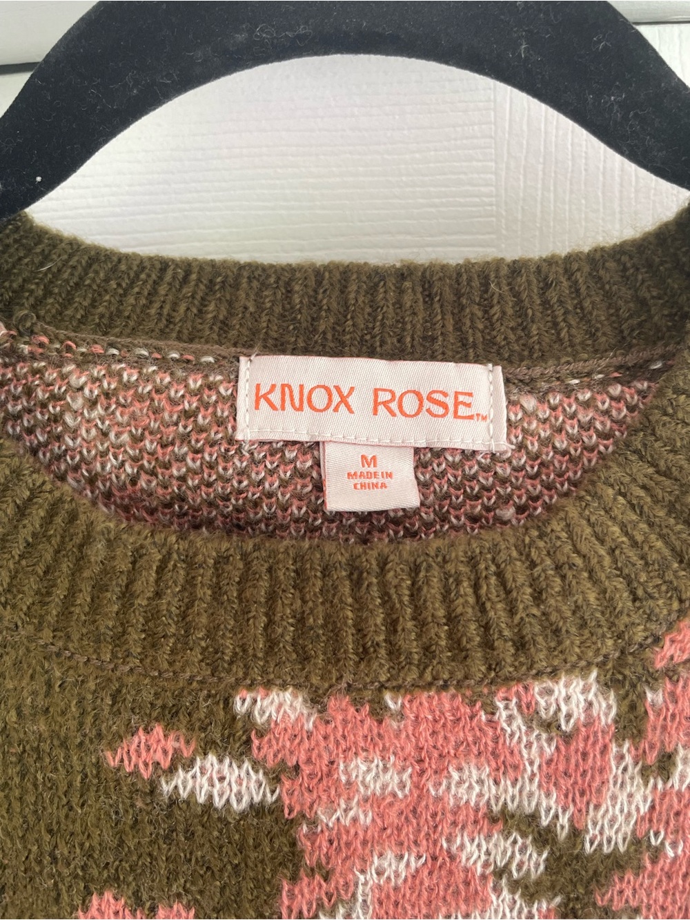 Knox Rose Olive Green Crewneck Sweater with Pink Floral Pattern - Picture 2 of 3